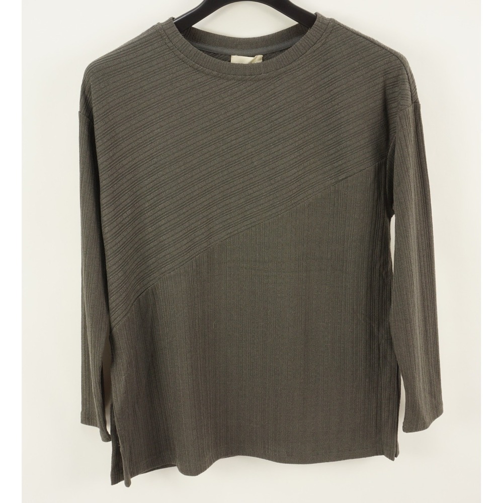 New Melloday Asymmetric Striped Texture Knit Crew Side Slit Sweater Womens Small